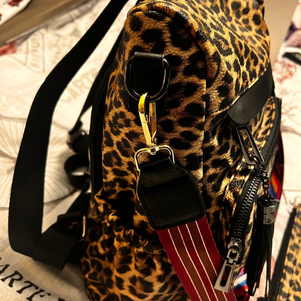 Leopard print backpack with wallet